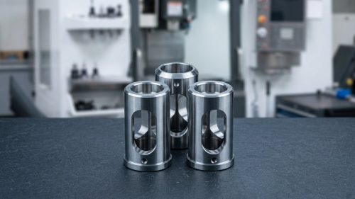 Precision machined hot runner system nozzle components on dark worktable