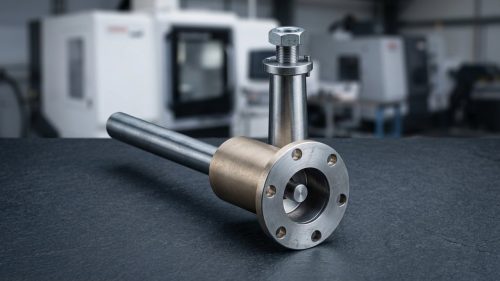 Machined marine propeller shaft with tapered flange coupling on dark bench
