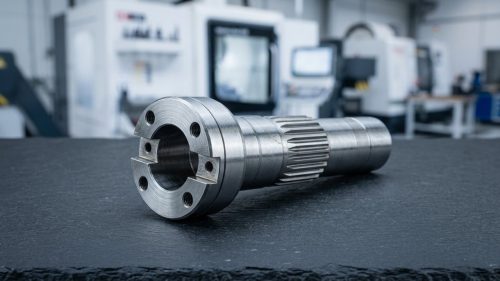 Precision splined shaft with machined flange on dark workbench