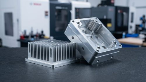 Different heat sink types machined from aluminum on dark background