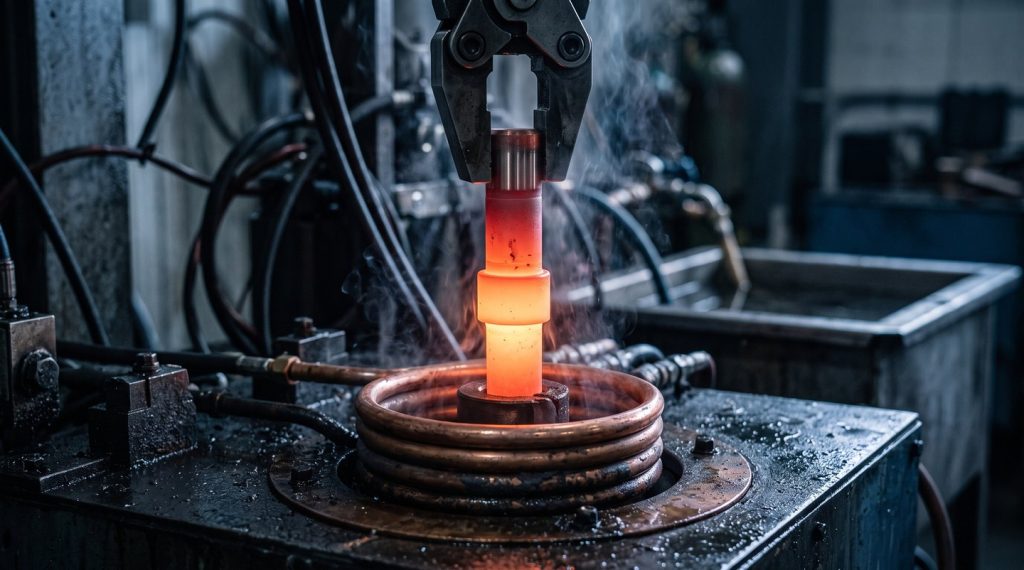 Steel part glowing during heat treatment hardening process at DEK