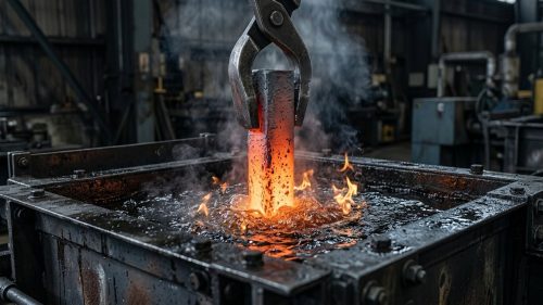 Glowing steel bar during heat treatment of metals quenching process