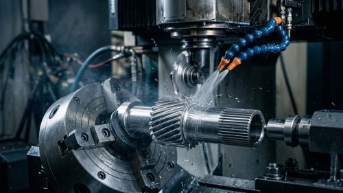 CNC helical milling cutter machining helical teeth on a steel gear shaft