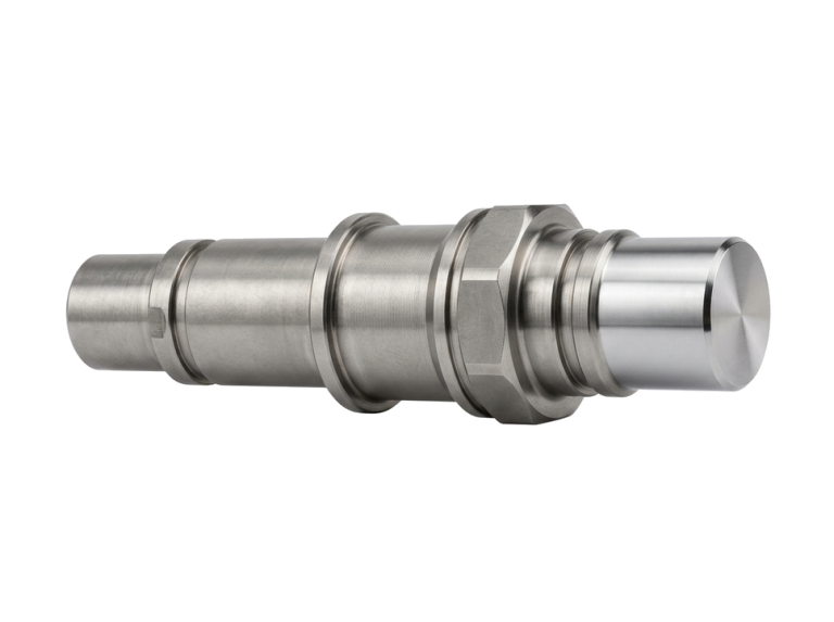 Precision CNC machined stainless steel shaft isolated on white