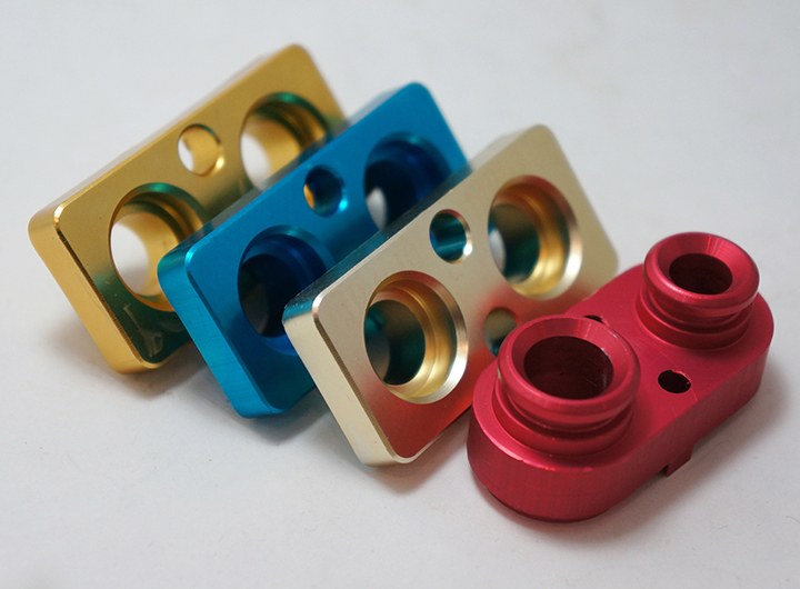 Anodized aluminum parts in gold, blue and red