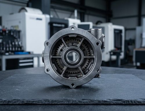 Gearbox housing with coaxial bores and internal bearing visible