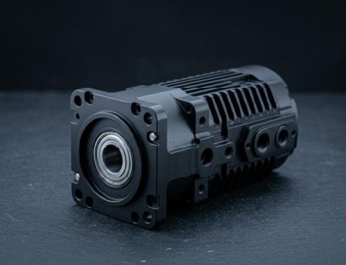 Black anodized motor housing with cooling fins and bearing bore
