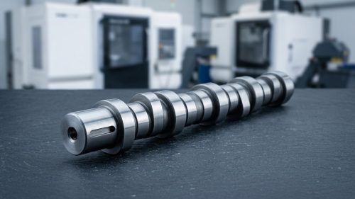 Precision-ground steel camshaft on dark worktable showing lobe profile design