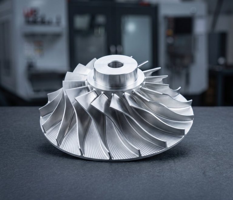 Custom impeller machining finished part on dark worktable