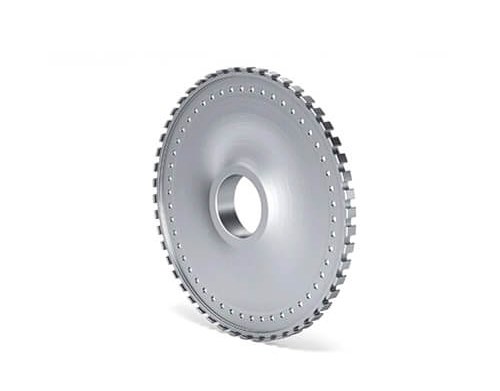 Circular metal gear with toothed edge and central hole