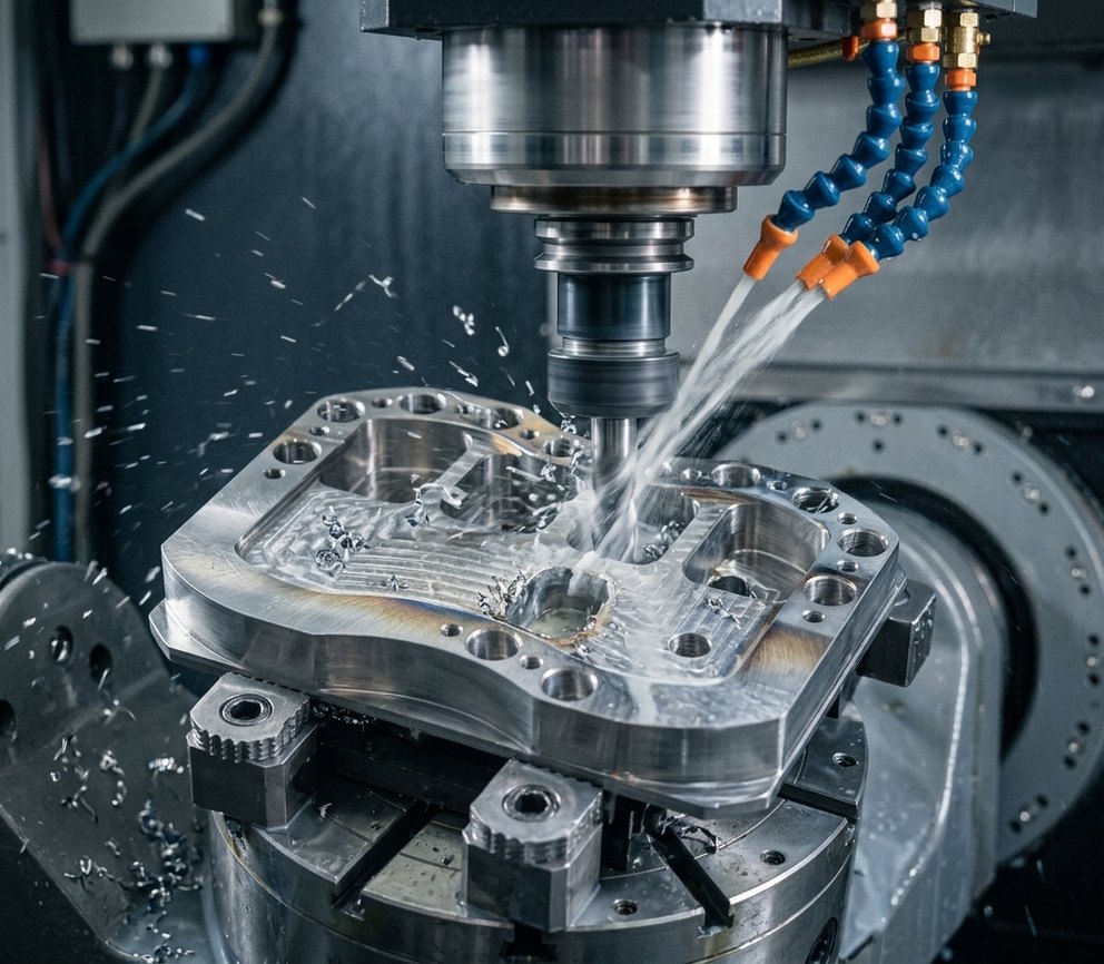 CNC milling cutter machining a nickel superalloy Inconel block