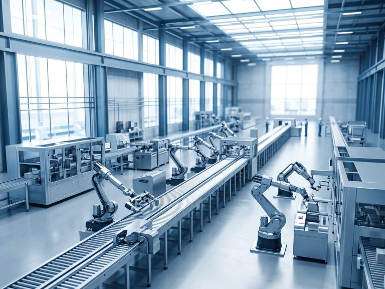 Industrial Equipment industry: a modern automated factory hall with long conveyor lines