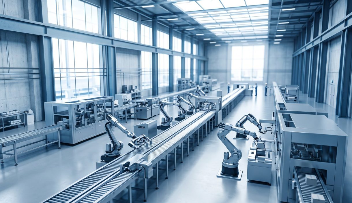 Industrial Equipment industry: a modern automated factory hall with long conveyor lines