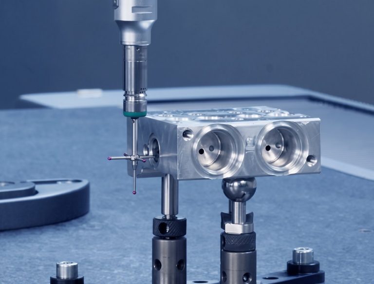 CMM inspection of machined aluminum manifold block part