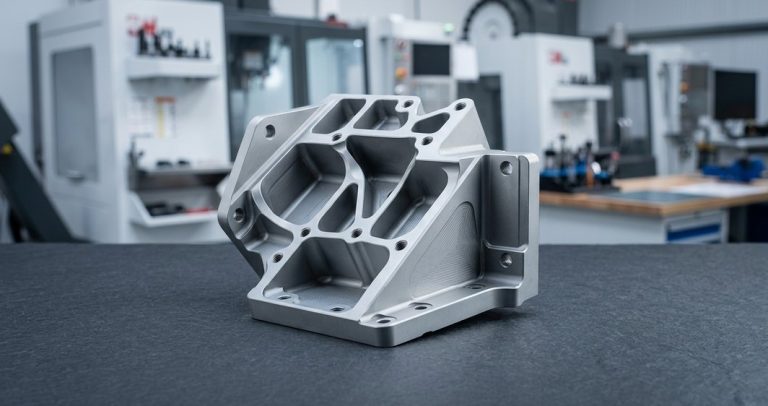 Finished Invar machined bracket on workshop table