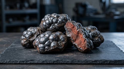 Raw hematite mineral specimens showing metallic luster and reddish streak