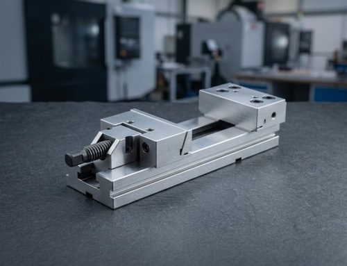 Custom aluminum workholding fixture plate with soft jaws on worktable