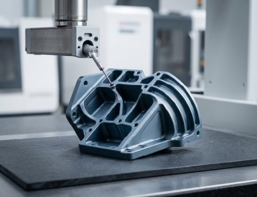 CMM inspection fixture with datum pins being probed on worktable