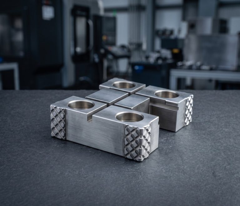 Custom machined fixture block with locator bushings on dark worktable