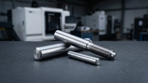 Precision steel KCF guide pin with stepped shoulder on dark worktable