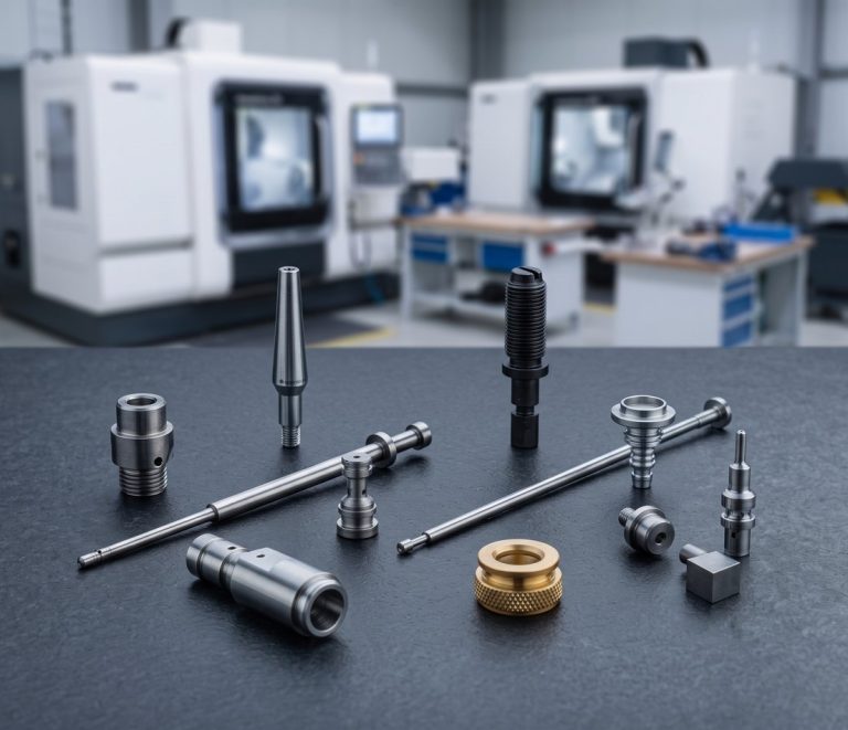 Assortment of machined knobs, shafts and knurled fittings on dark surface