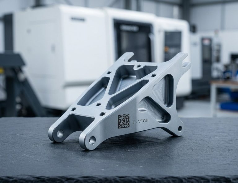 MIL-STD-130 laser marking on CNC machined aerospace bracket