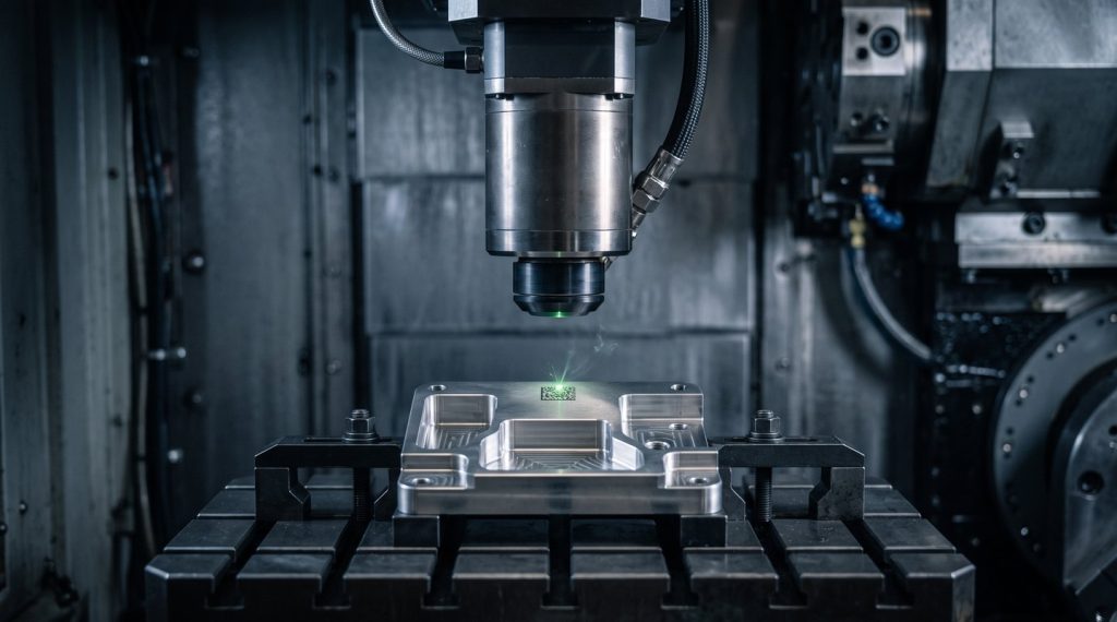 Laser marking head engraving DataMatrix code on CNC machined steel bracket