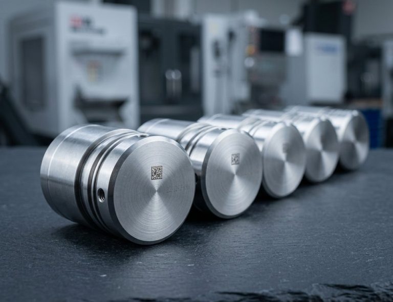 Sequential serial numbers and QR codes laser marked on machined parts