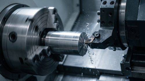 Carbide lathe cutting tool turning steel workpiece on CNC lathe