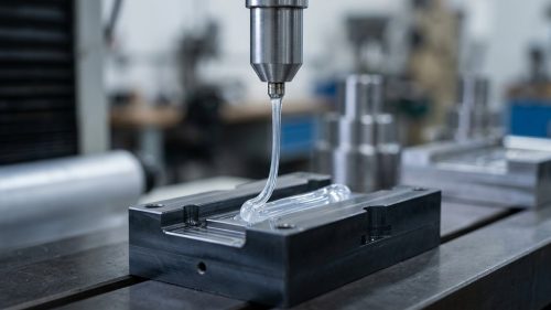Liquid silicone rubber dispensed into a precision mold cavity