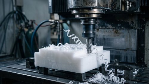 CNC machining UHMW-PE block on milling machine worktable