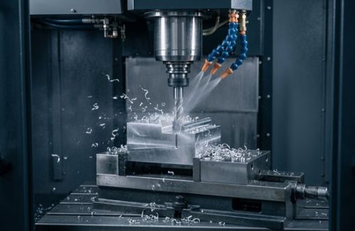 CNC machining magnesium AZ61B block with cutting tool engaged