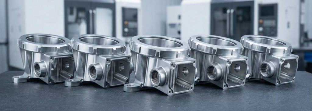 Finished magnesium AZ91D machined parts lined up on table