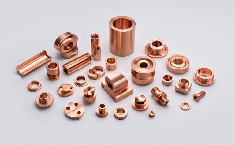 Copper CNC machined parts with polished finish scattered