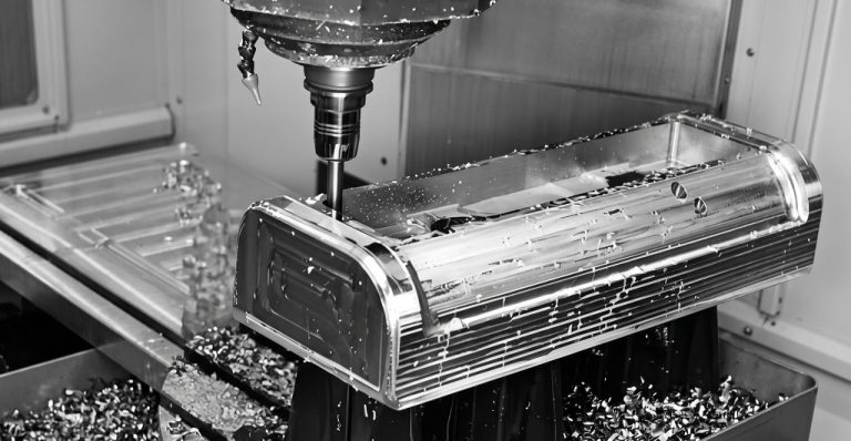 CNC milling machine cutting metal part with coolant spray