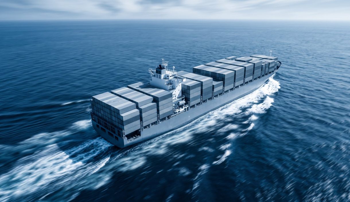 Marine industry: a large modern container ship ploughing through deep blue ocean waves