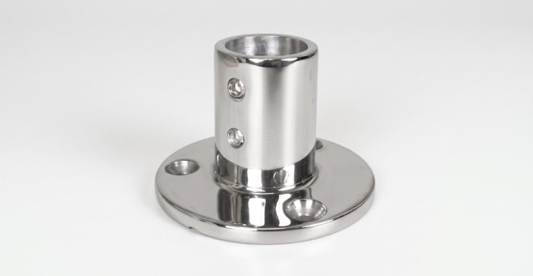 Polished metal flange with cylindrical hub and bolt holes