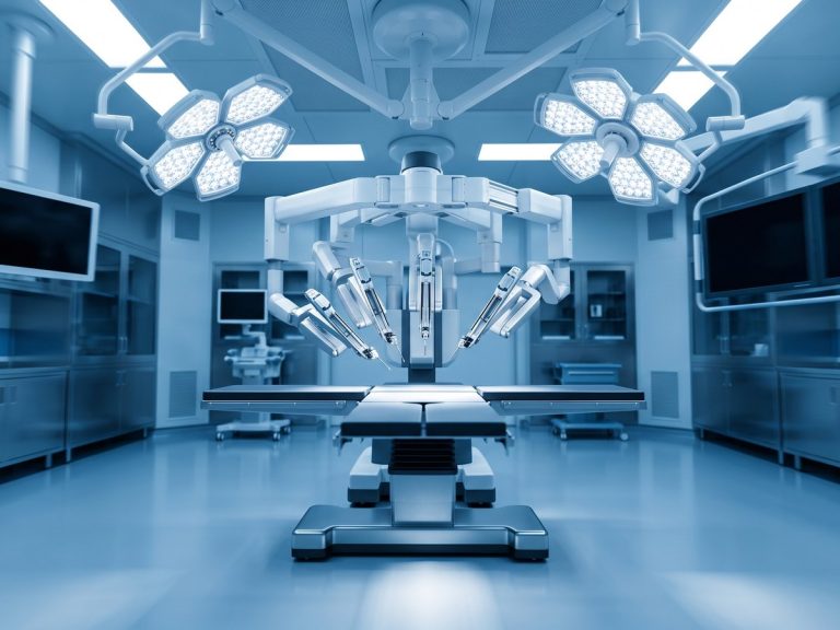 Medical industry: an empty modern hybrid operating room with a multi-arm surgical robot positioned over the operating table