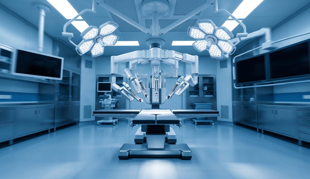 Medical industry: an empty modern hybrid operating room with a multi-arm surgical robot positioned over the operating table