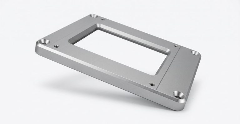 Machined aluminum panel with rectangular cutout and mounting holes
