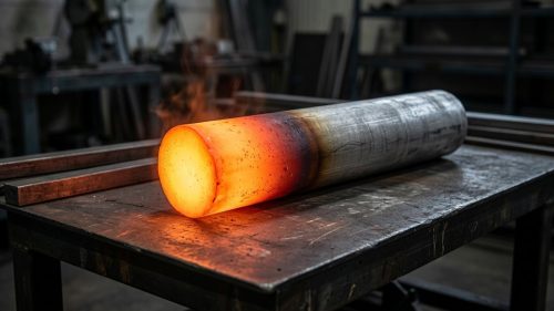 Aluminum bar glowing near its melting point in dark workshop