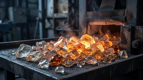 Raw glass chunks glowing orange near melting point temperature