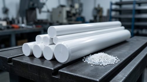 White PVC rod and pellets on dark workshop table