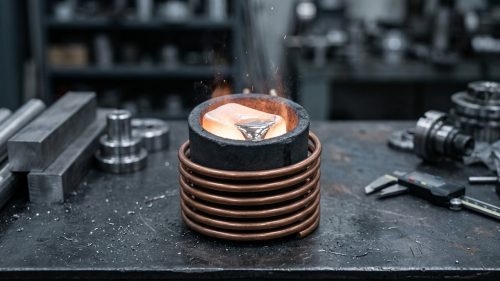 molten silver ingot glowing in crucible near melting point
