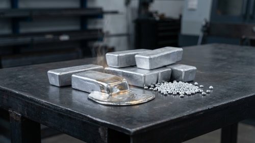 Solid tin ingots partly melted showing the melting point of tin