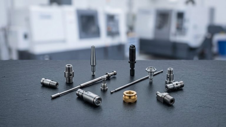 Precision machined metal parts from a China manufacturer on dark surface