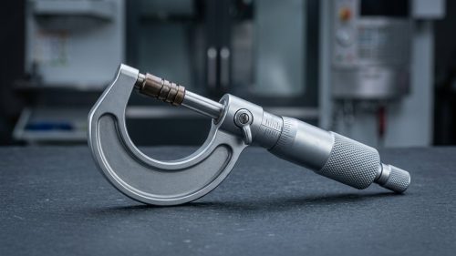 Micrometer screw gauge measuring a precision machined metal part