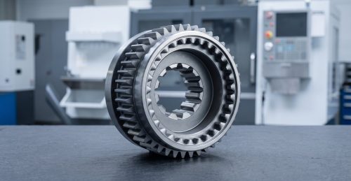 Machined mild steel S355J2 gear and housing assembly on dark surface