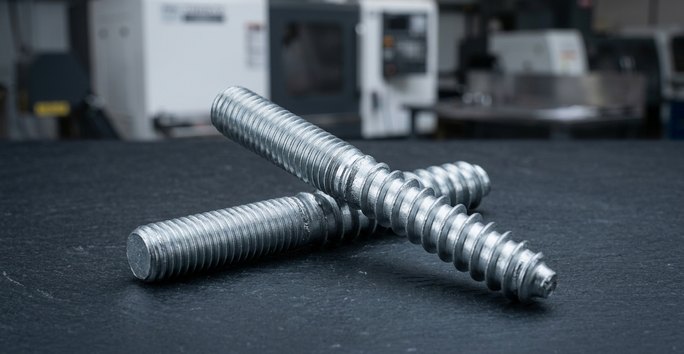 Carbon steel threaded studs fasteners on worktable