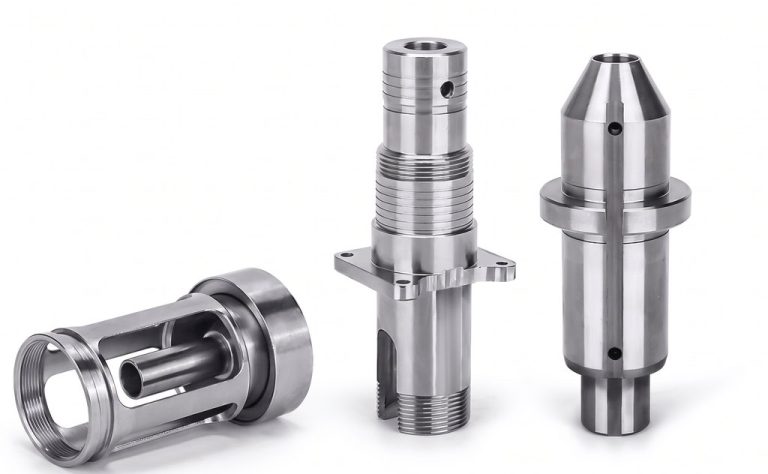 Three precision CNC machined metal components with threaded and flanged features